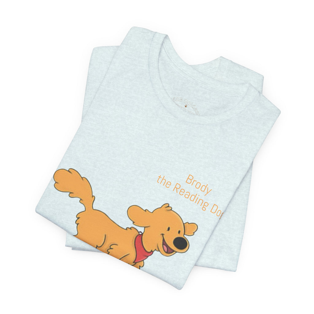Happy Golden Retriever Dog T‑Shirt — "Brody the Reading Dog" Cute Cartoon Tee