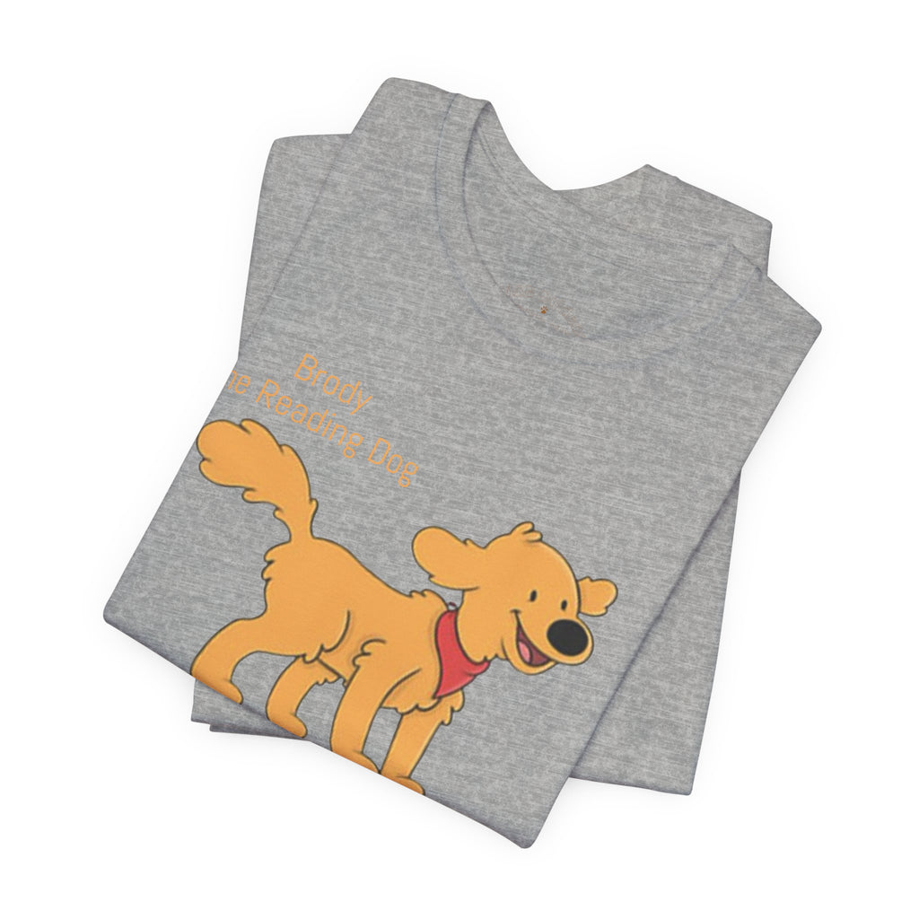 Happy Golden Retriever Dog T‑Shirt — "Brody the Reading Dog" Cute Cartoon Tee