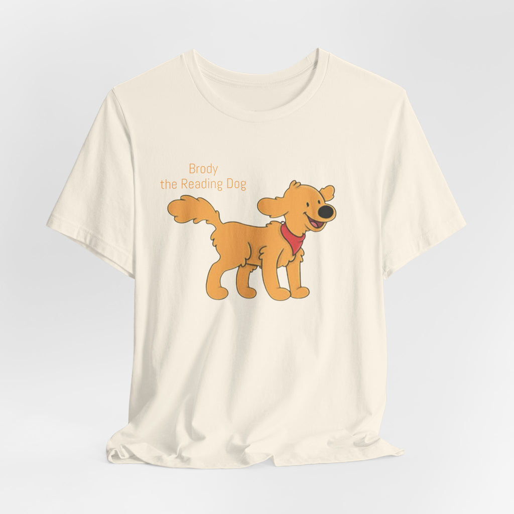 Happy Golden Retriever Dog T‑Shirt — "Brody the Reading Dog" Cute Cartoon Tee