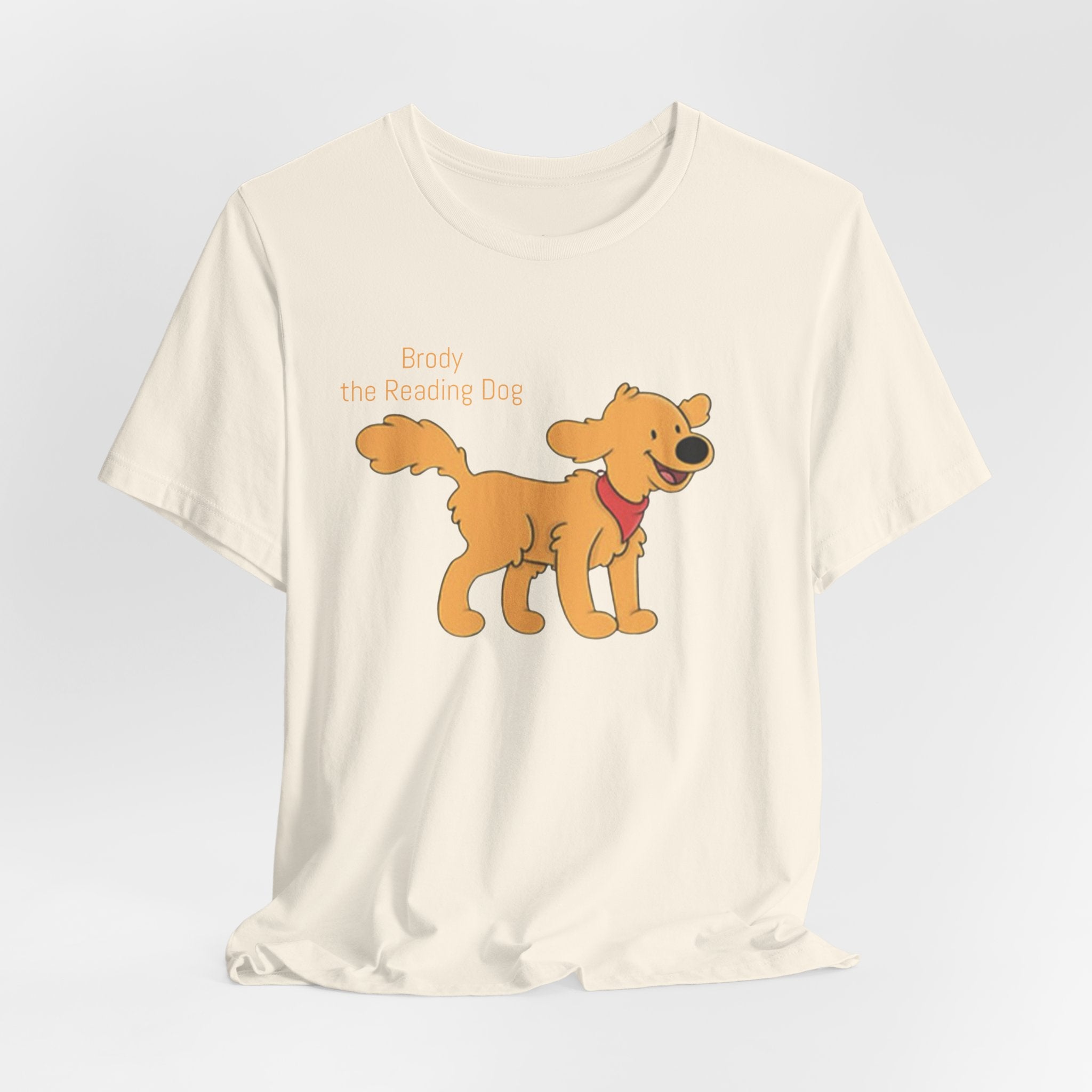 Happy Golden Retriever Dog T‑Shirt — "Brody the Reading Dog" Cute Cartoon Tee