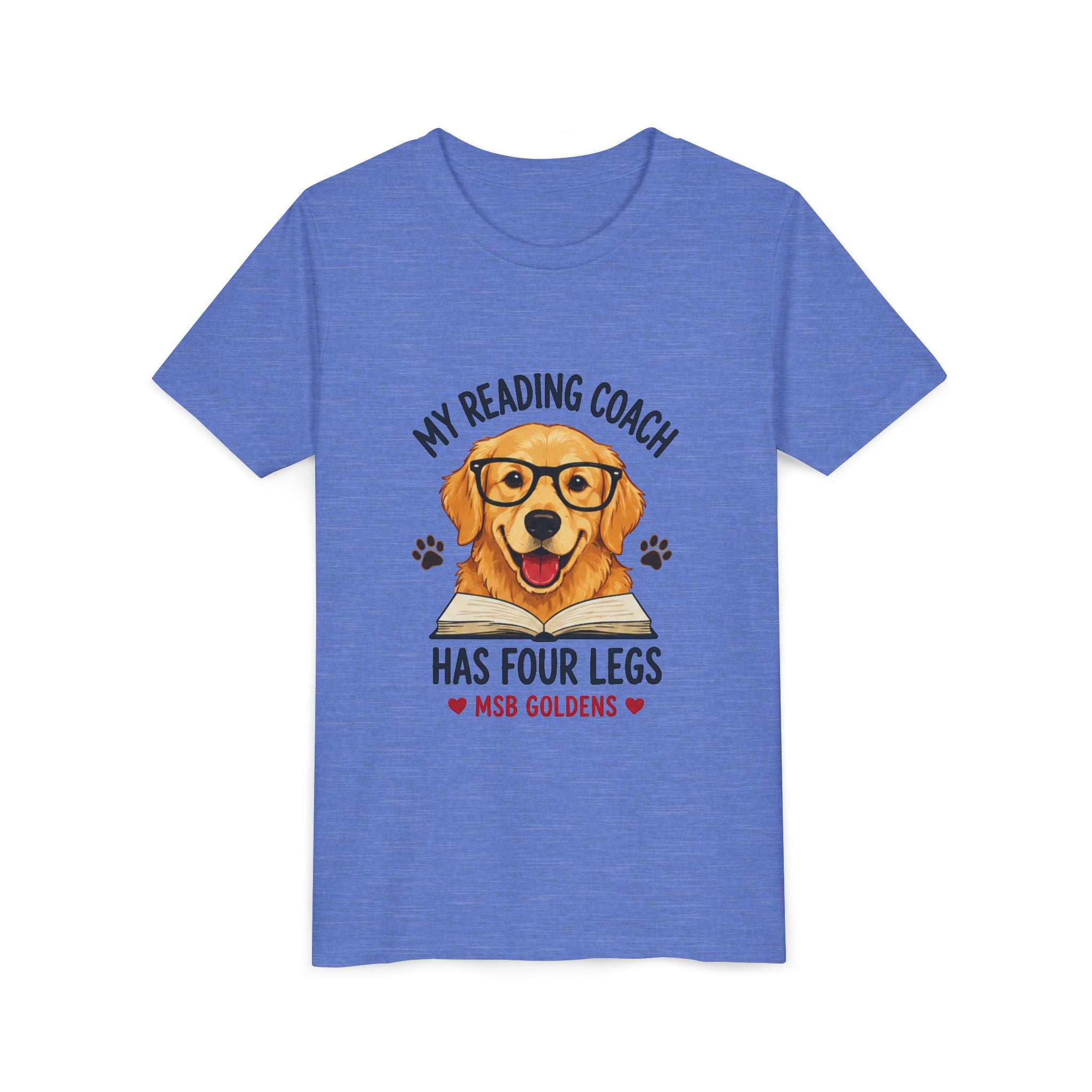 Youth Tee — "My Reading Coach Has Four Legs" Golden Retriever Kids Shirt