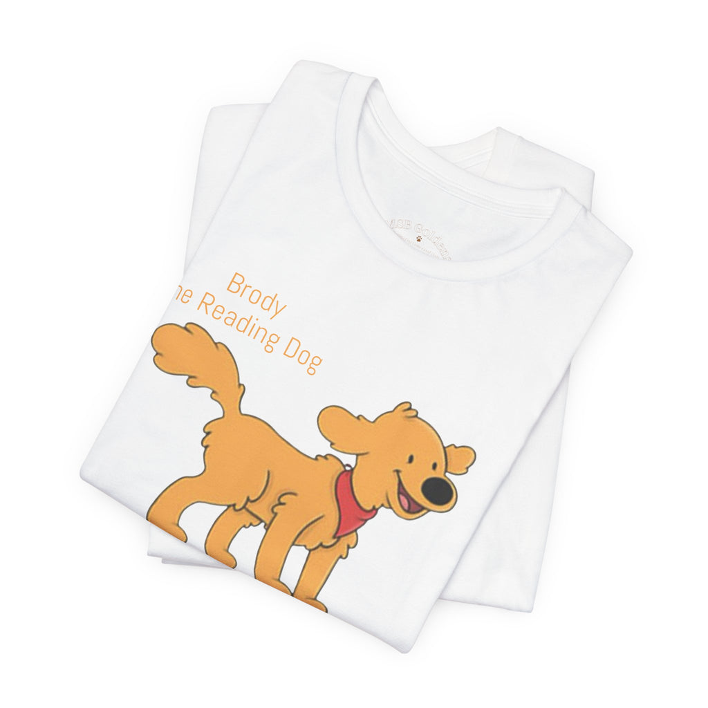 Happy Golden Retriever Dog T‑Shirt — "Brody the Reading Dog" Cute Cartoon Tee