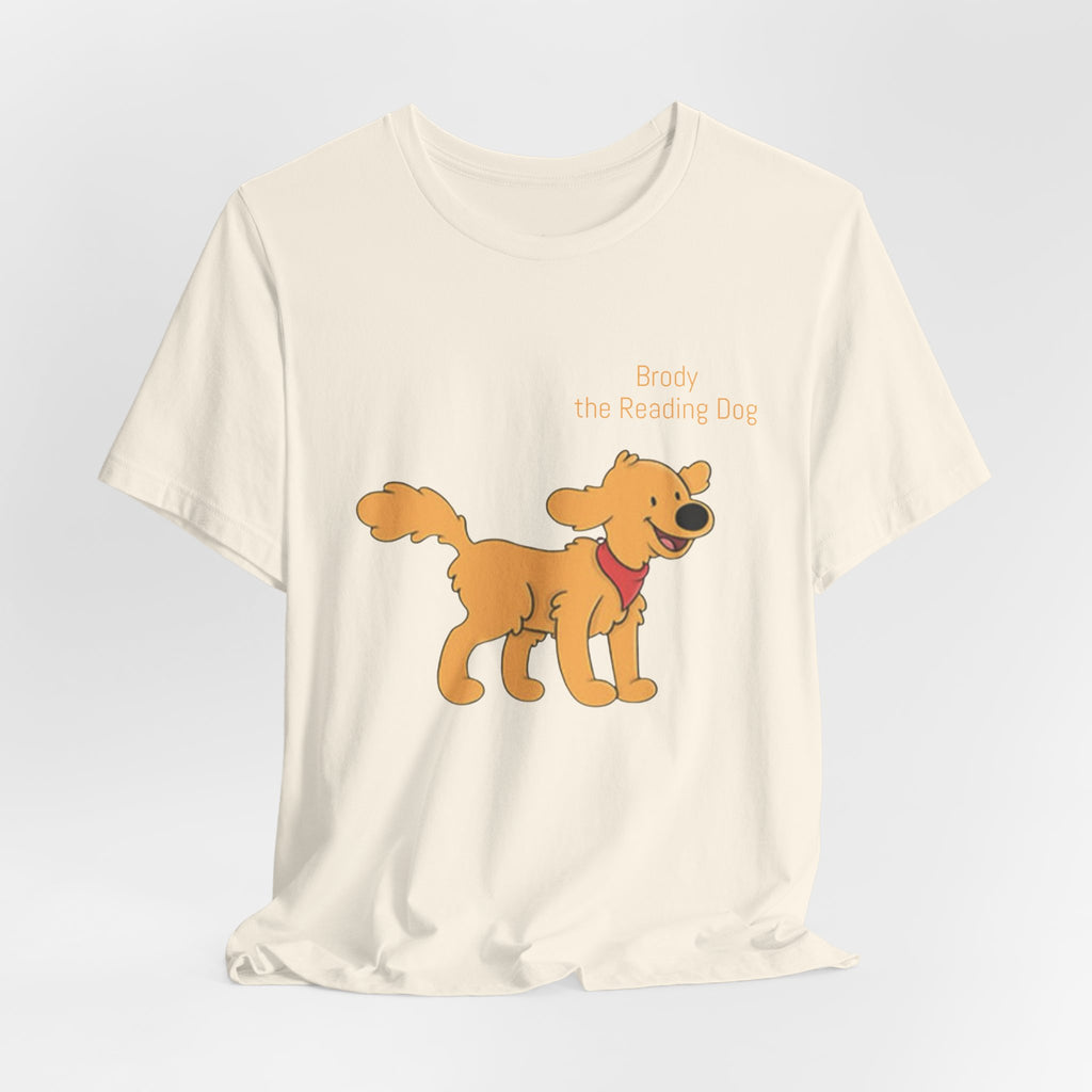 Happy Golden Retriever Dog T‑Shirt — "Brody the Reading Dog" Cute Cartoon Tee