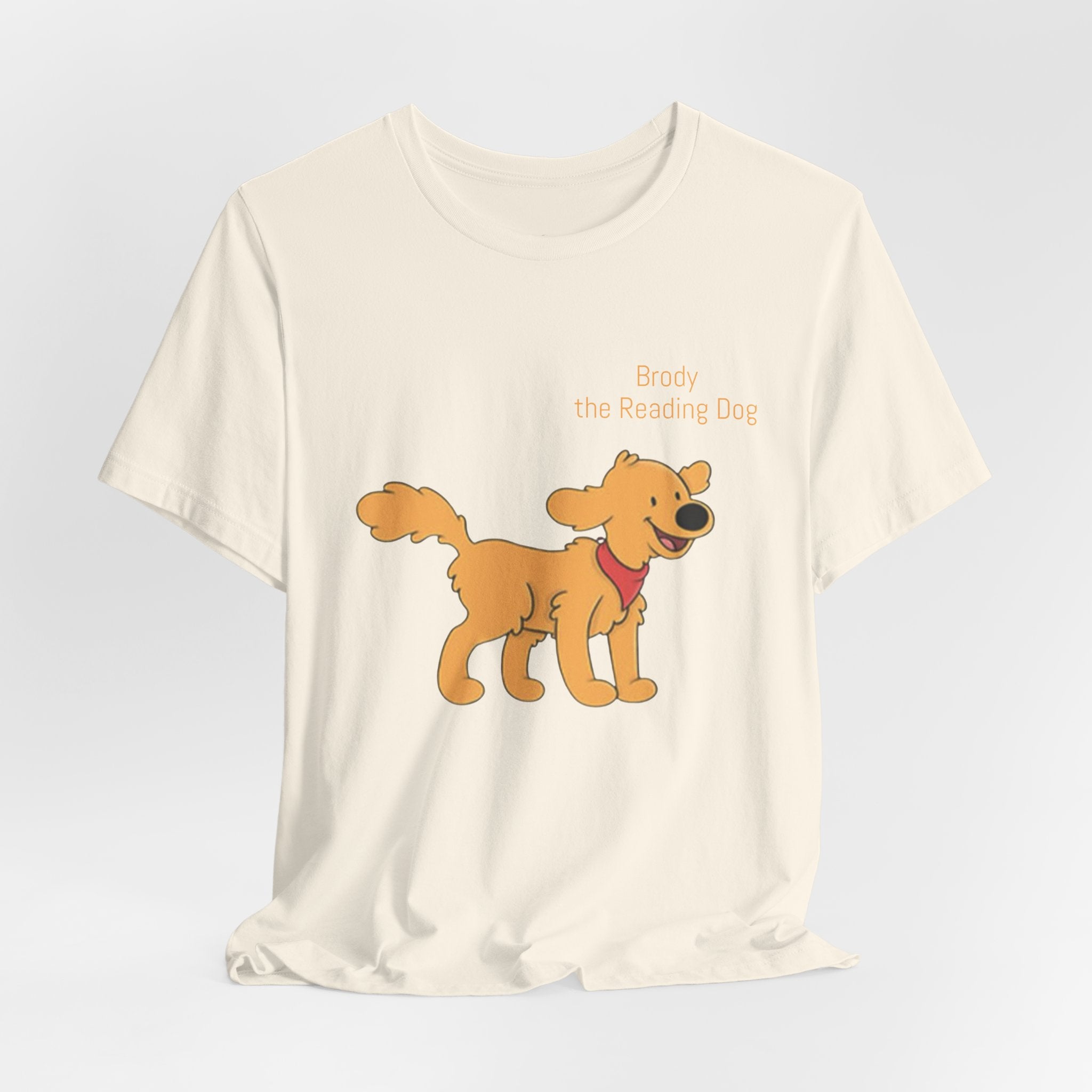 Happy Golden Retriever Dog T‑Shirt — "Brody the Reading Dog" Cute Cartoon Tee