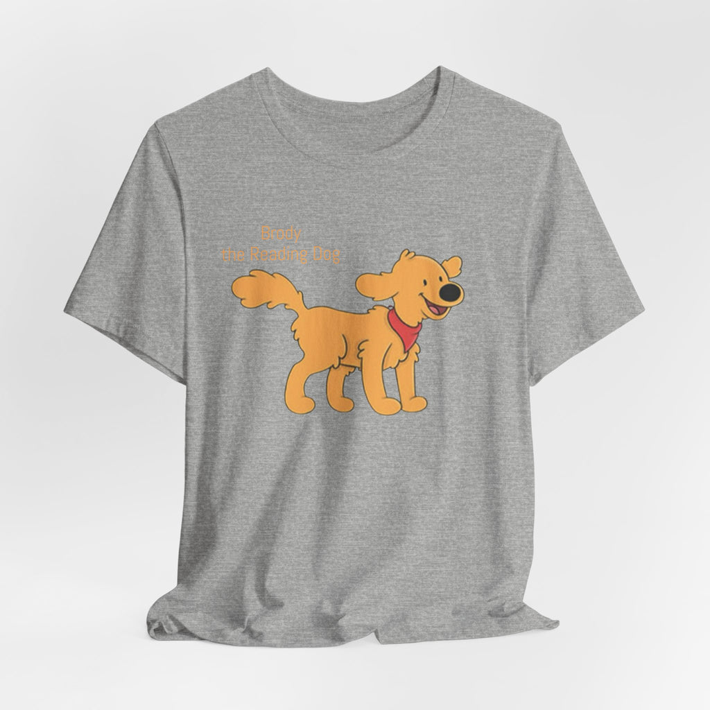 Happy Golden Retriever Dog T‑Shirt — "Brody the Reading Dog" Cute Cartoon Tee