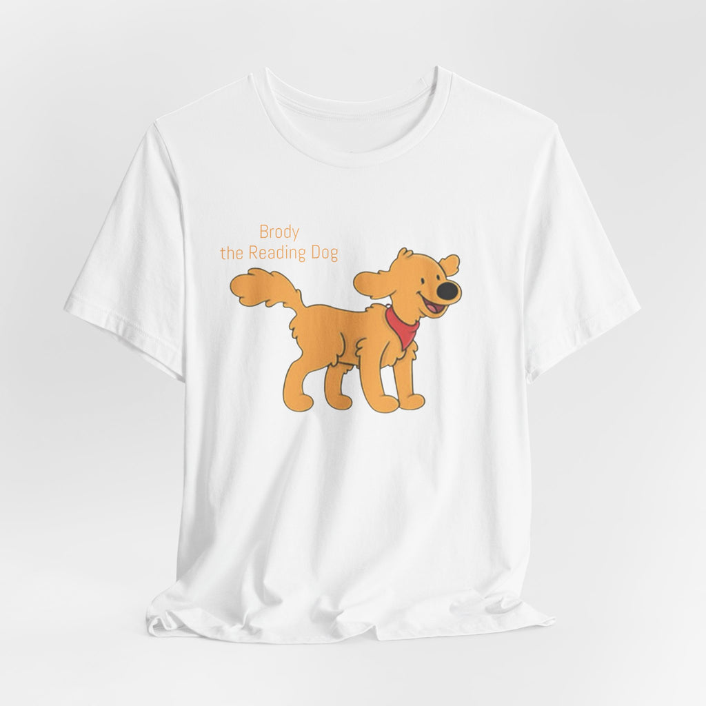 Happy Golden Retriever Dog T‑Shirt — "Brody the Reading Dog" Cute Cartoon Tee
