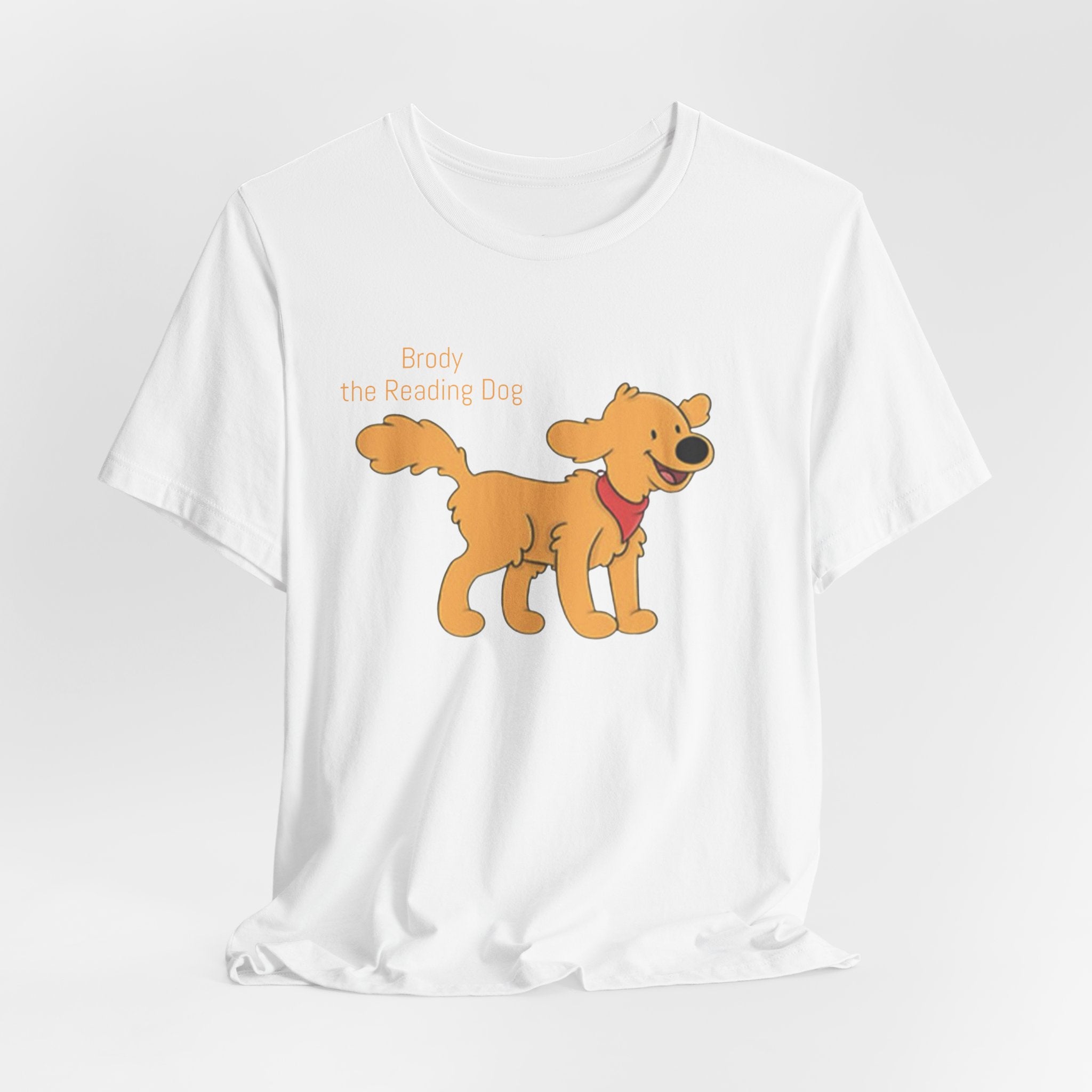 Happy Golden Retriever Dog T‑Shirt — "Brody the Reading Dog" Cute Cartoon Tee