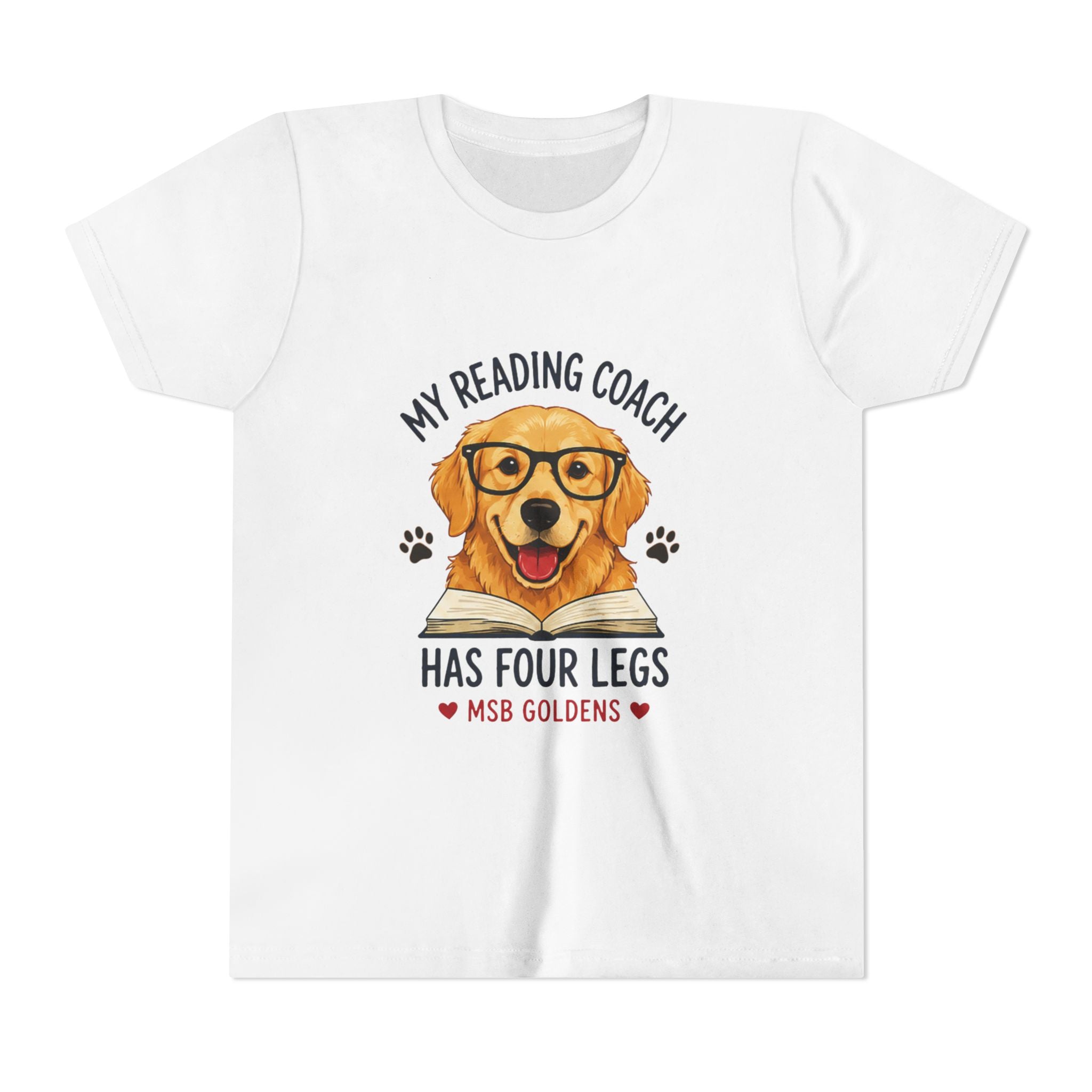 Youth Tee — "My Reading Coach Has Four Legs" Golden Retriever Kids Shirt