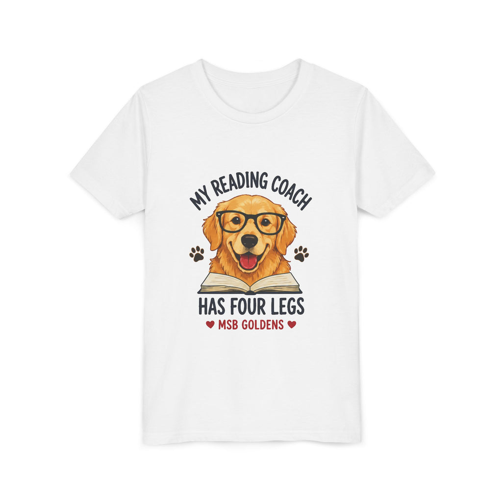 Youth Tee — "My Reading Coach Has Four Legs" Golden Retriever Kids Shirt