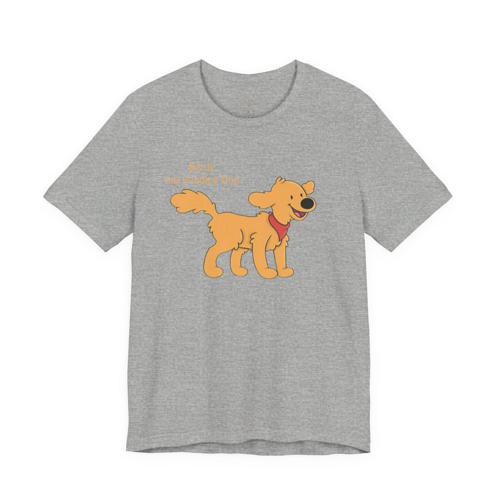 Happy Golden Retriever Dog T‑Shirt — "Brody the Reading Dog" Cute Cartoon Tee