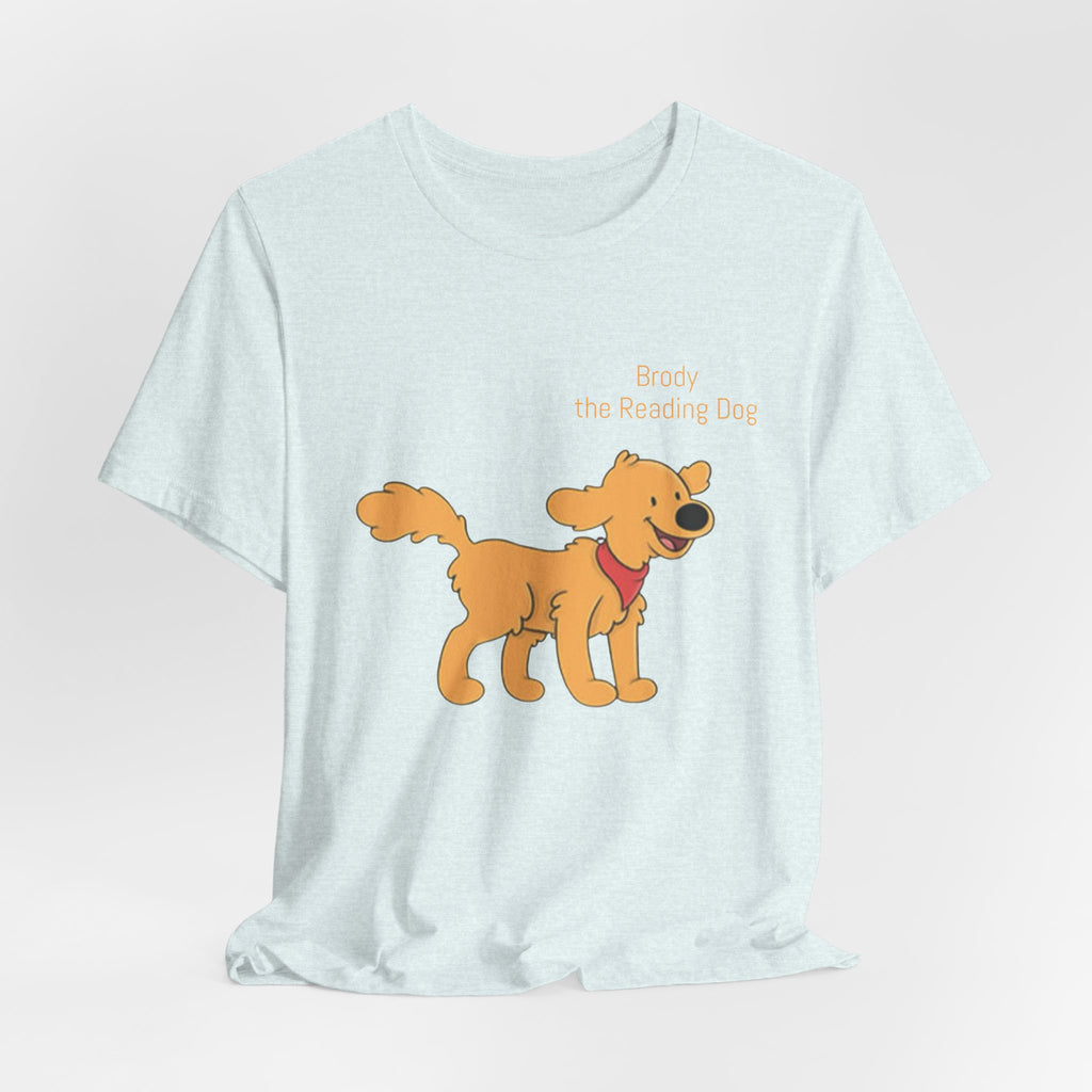 Happy Golden Retriever Dog T‑Shirt — "Brody the Reading Dog" Cute Cartoon Tee