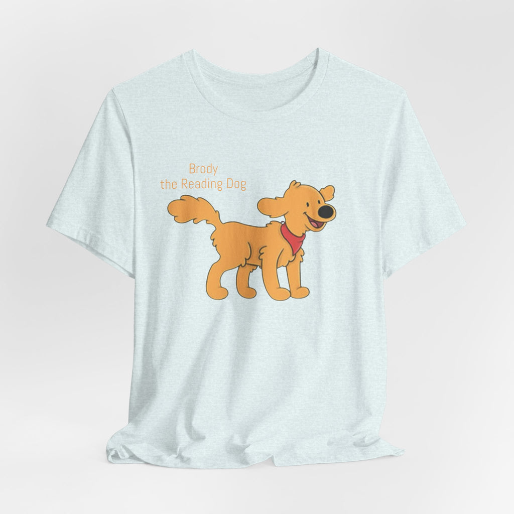 Happy Golden Retriever Dog T‑Shirt — "Brody the Reading Dog" Cute Cartoon Tee