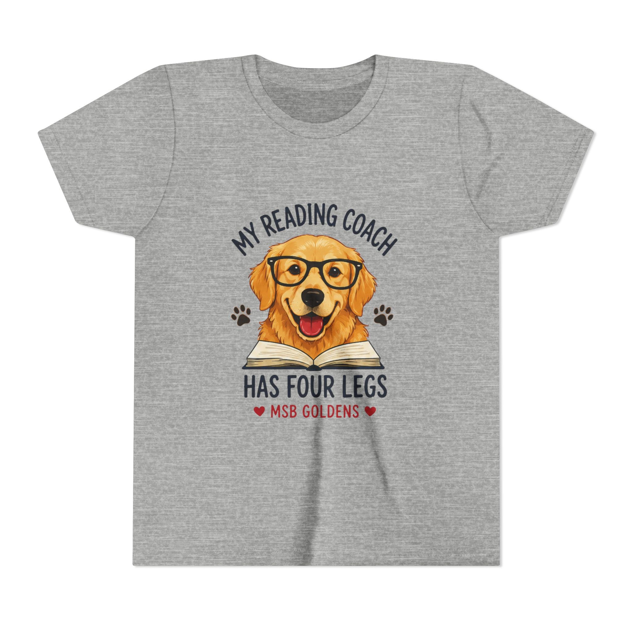Youth Tee — "My Reading Coach Has Four Legs" Golden Retriever Kids Shirt