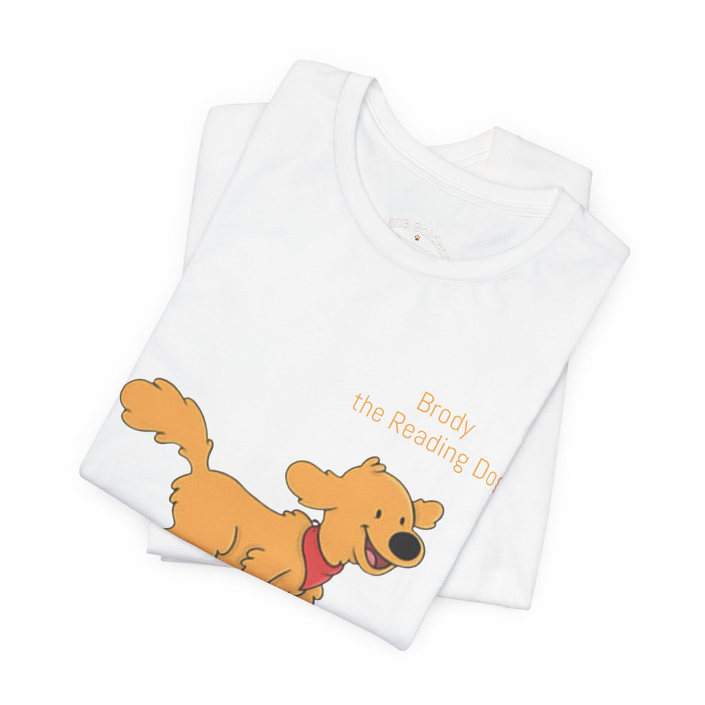 Happy Golden Retriever Dog T‑Shirt — "Brody the Reading Dog" Cute Cartoon Tee