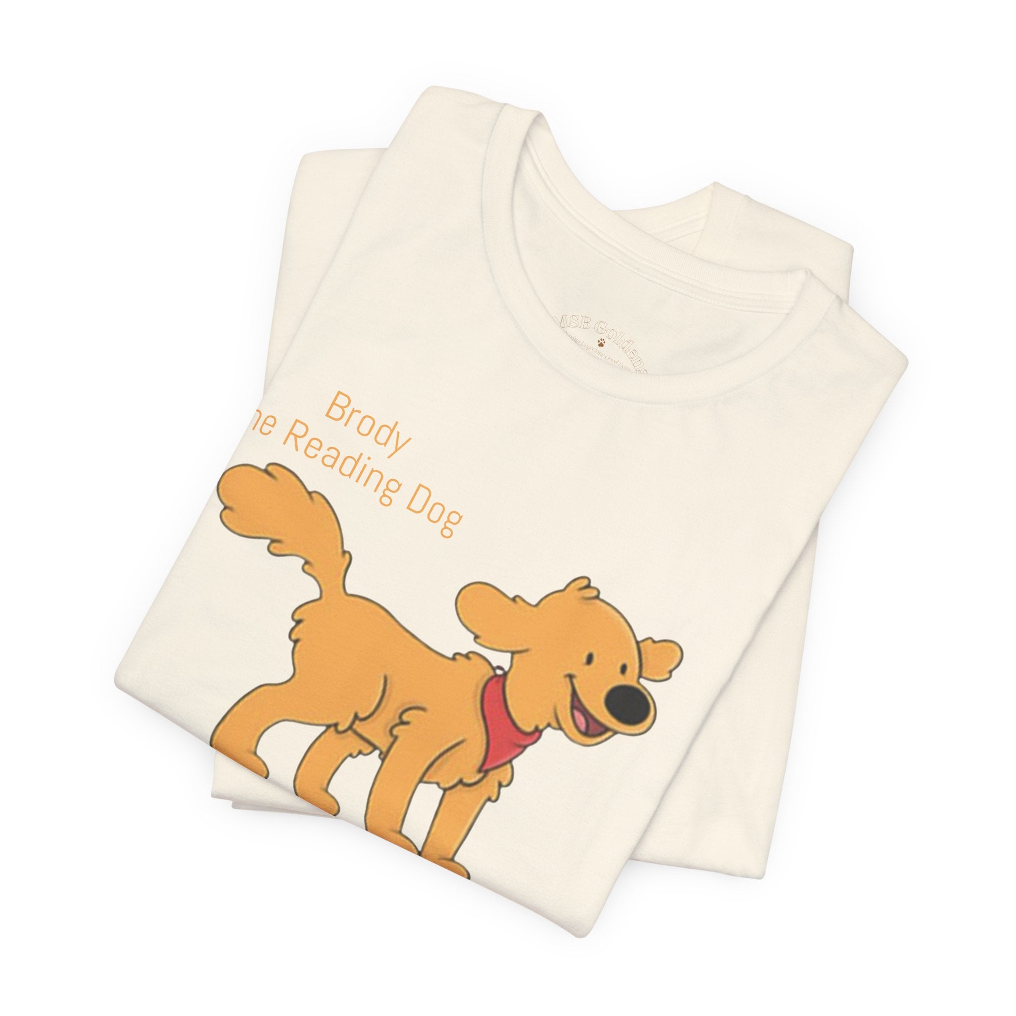 Happy Golden Retriever Dog T‑Shirt — "Brody the Reading Dog" Cute Cartoon Tee