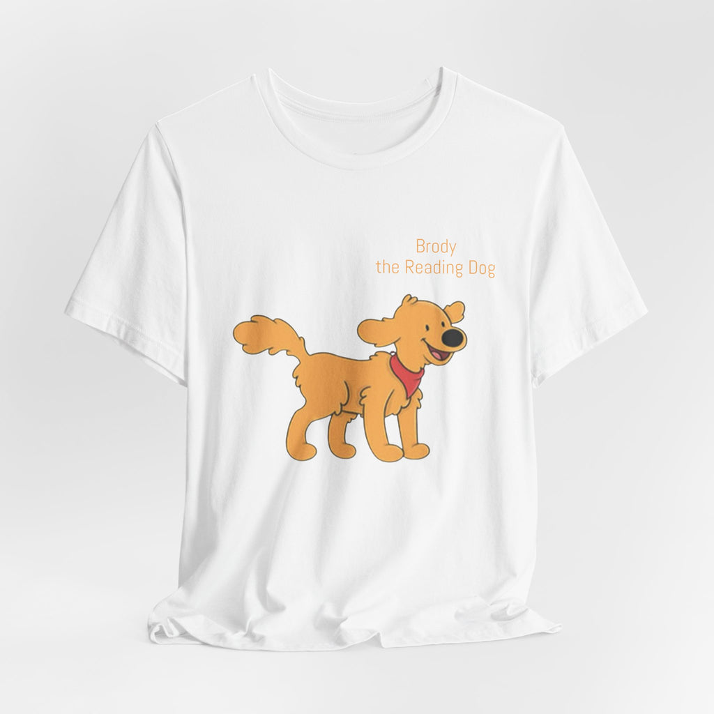 Happy Golden Retriever Dog T‑Shirt — "Brody the Reading Dog" Cute Cartoon Tee