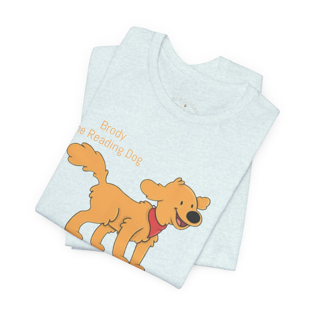 Happy Golden Retriever Dog T‑Shirt — "Brody the Reading Dog" Cute Cartoon Tee