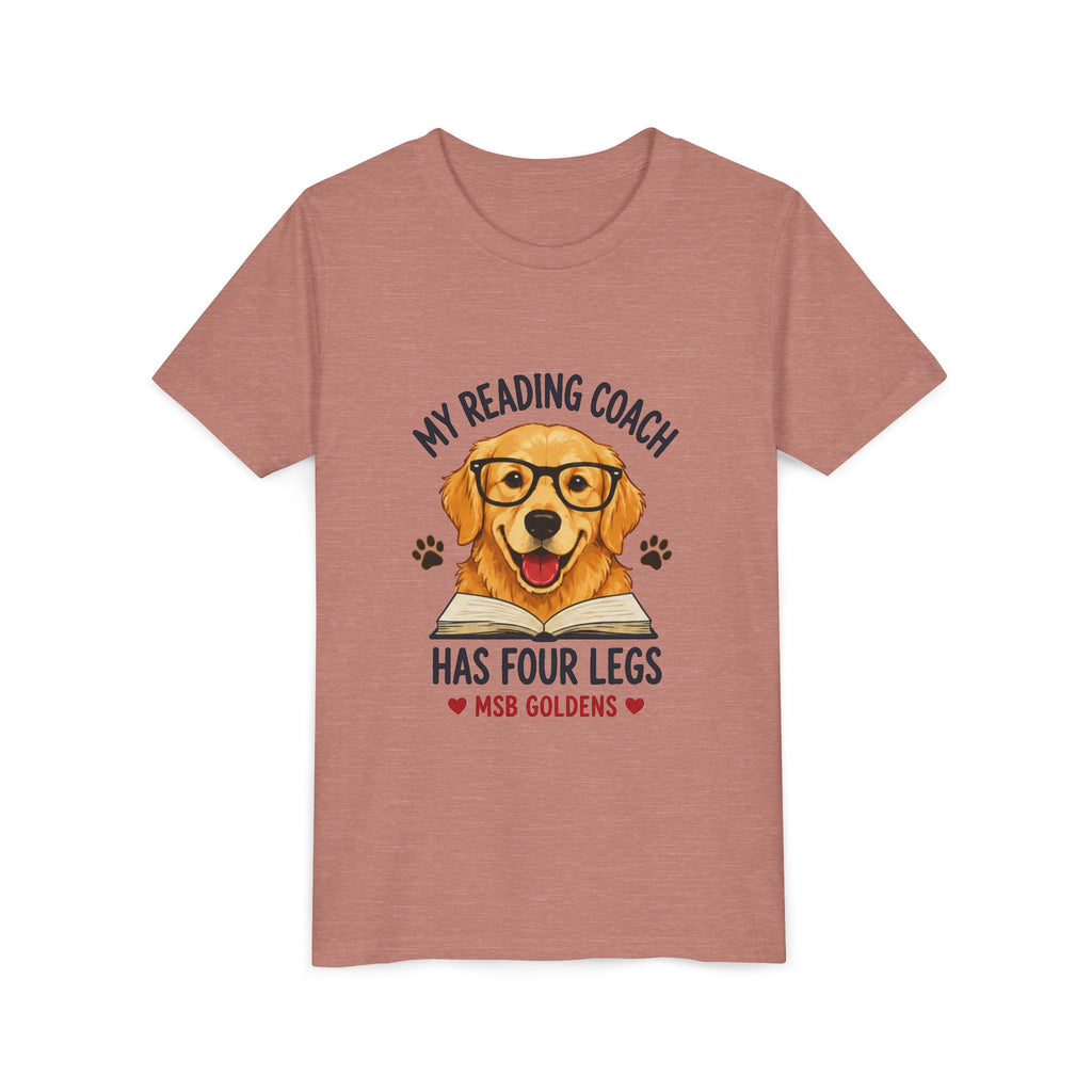 Youth Tee — "My Reading Coach Has Four Legs" Golden Retriever Kids Shirt