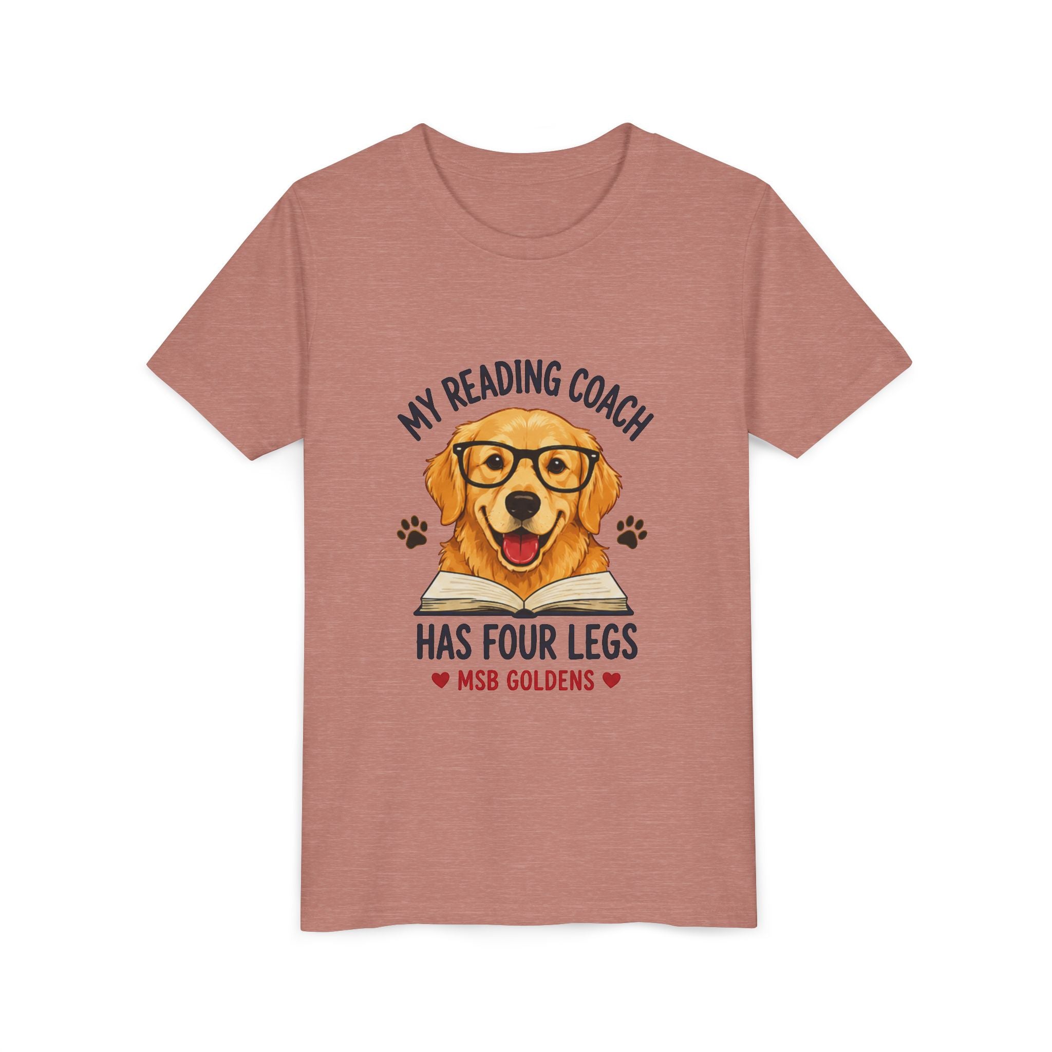 Youth Tee — "My Reading Coach Has Four Legs" Golden Retriever Kids Shirt