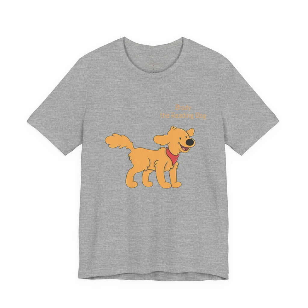 Happy Golden Retriever Dog T‑Shirt — "Brody the Reading Dog" Cute Cartoon Tee