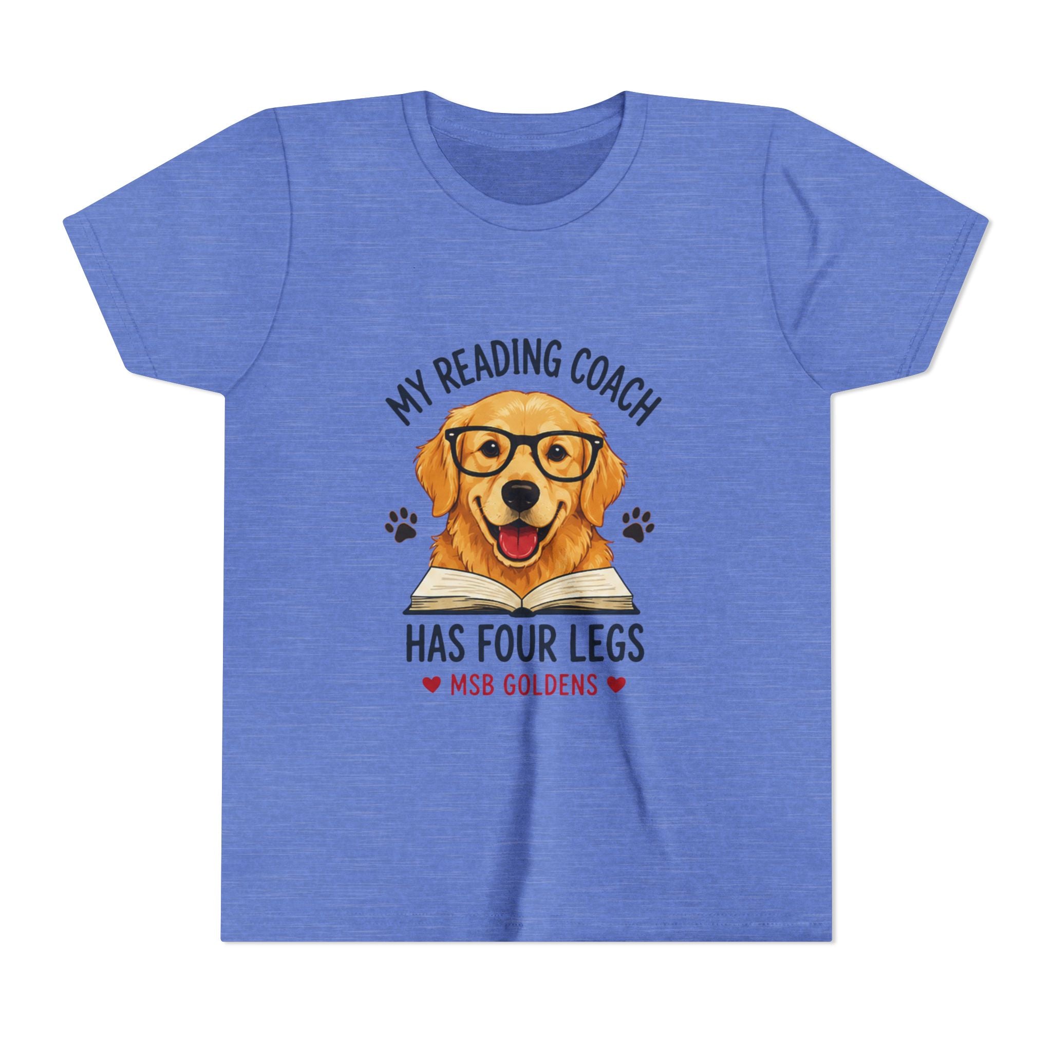 Youth Tee — "My Reading Coach Has Four Legs" Golden Retriever Kids Shirt