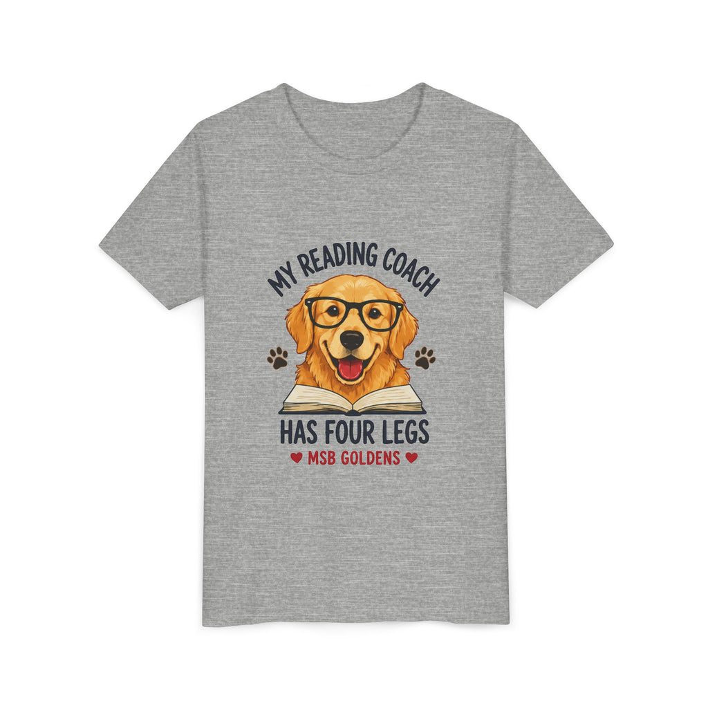 Youth Tee — "My Reading Coach Has Four Legs" Golden Retriever Kids Shirt
